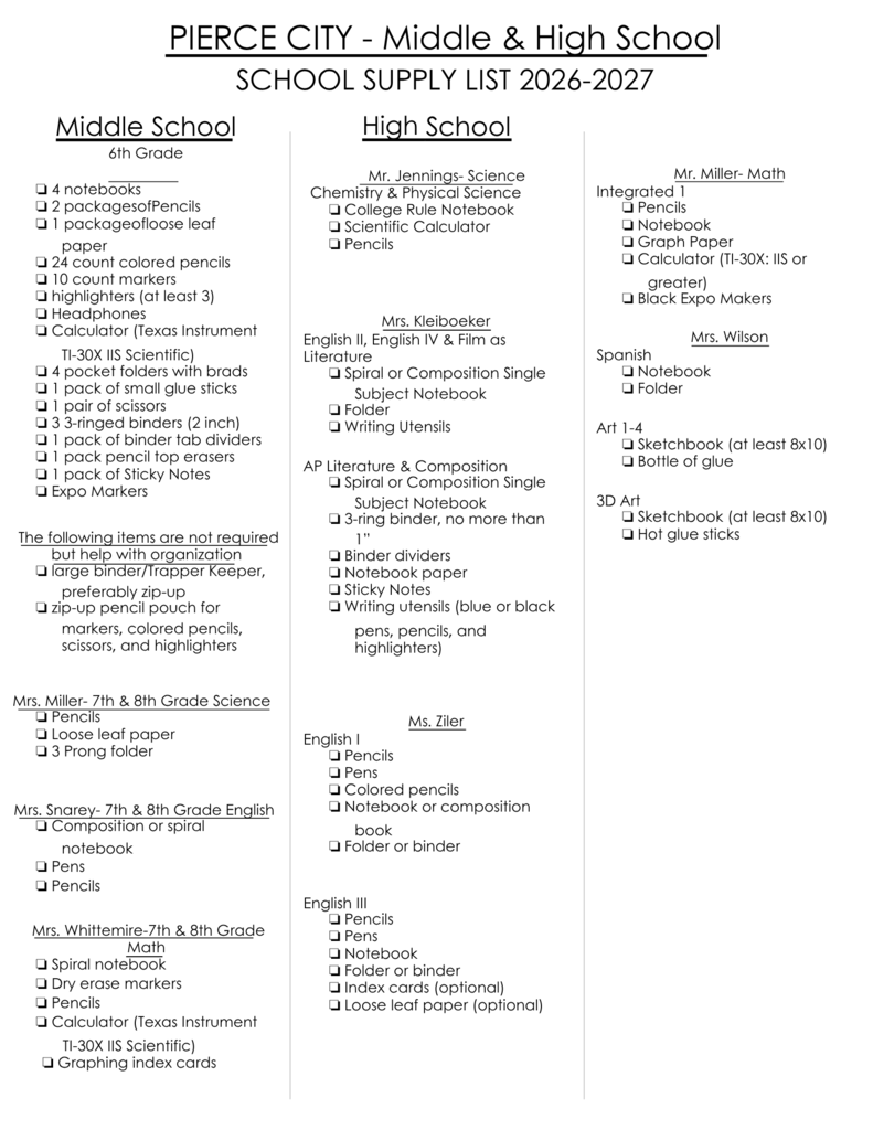 supply lists