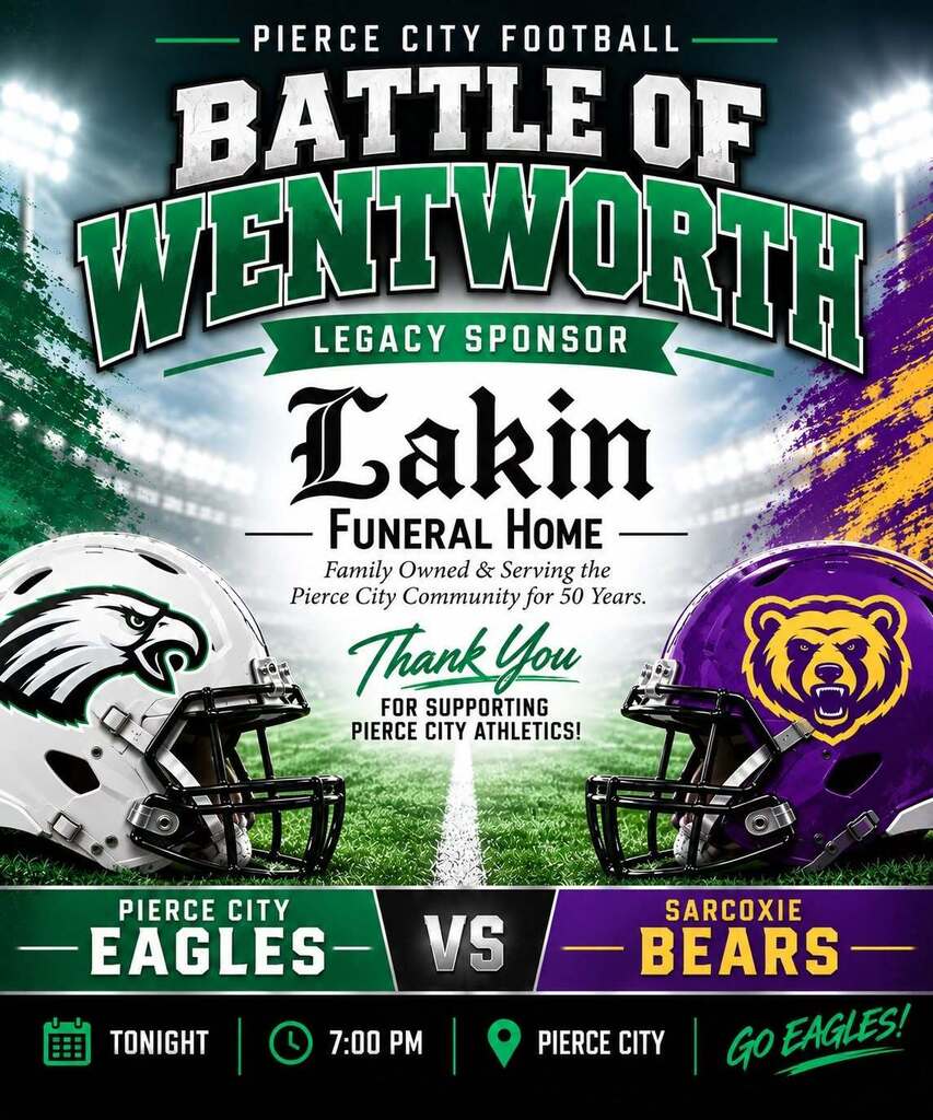 graphic with eagle and sarcoxie helmets about Lakin Funeral Home sponsoring the game.