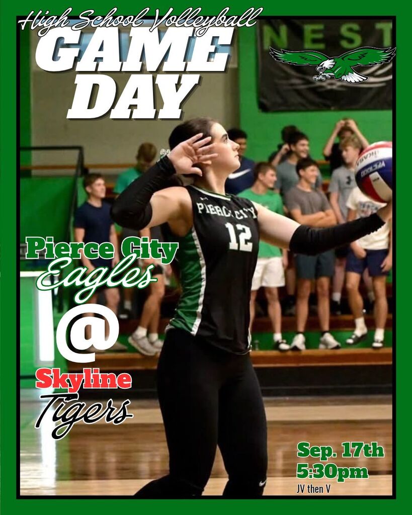 high school volleyball graphic with player getting ready to serve. tonight at skyline at 5:30pm