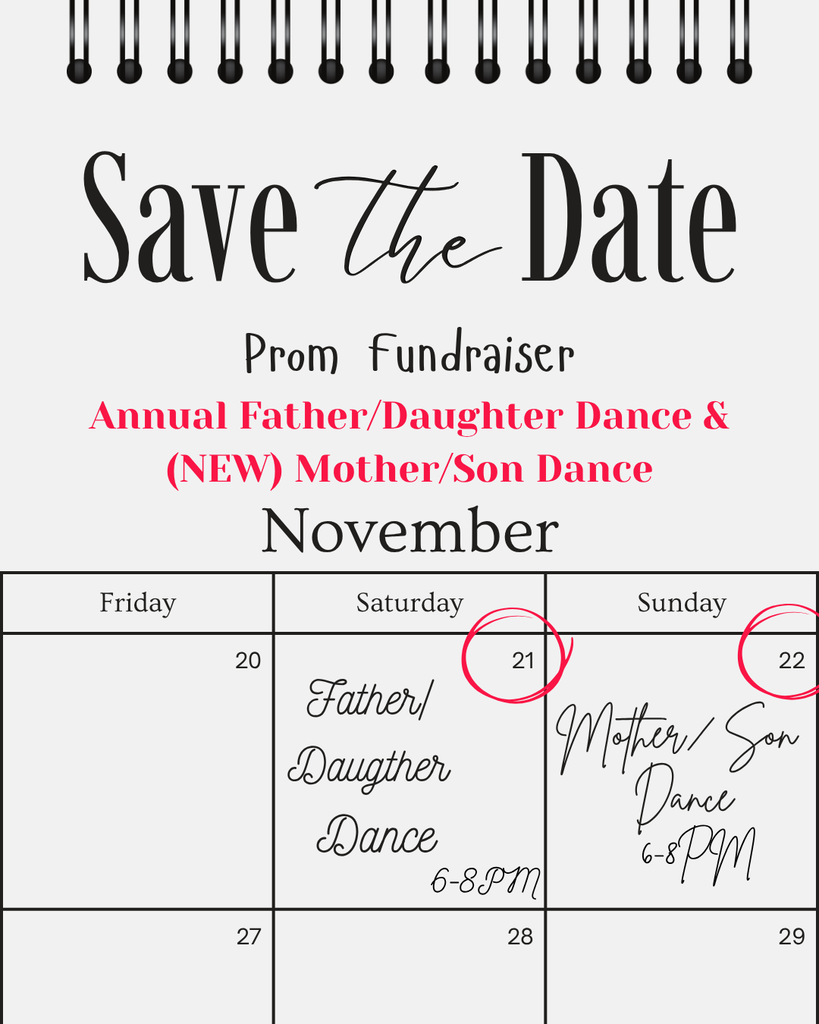 save the date calendar graphic for the father/daughter and mother/son dances in november
