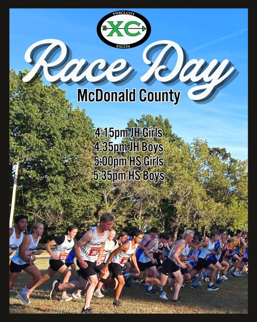 cross country race day graphic with group of runners taking off from start line