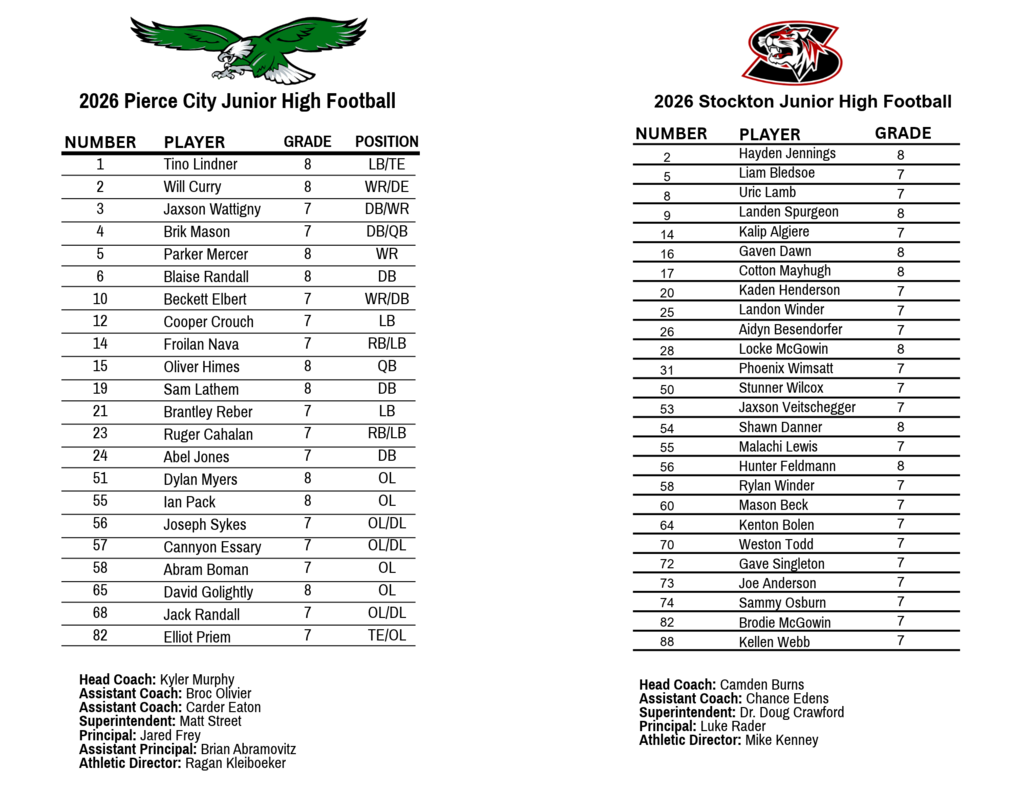 roster for pierce city and stockton junior high football