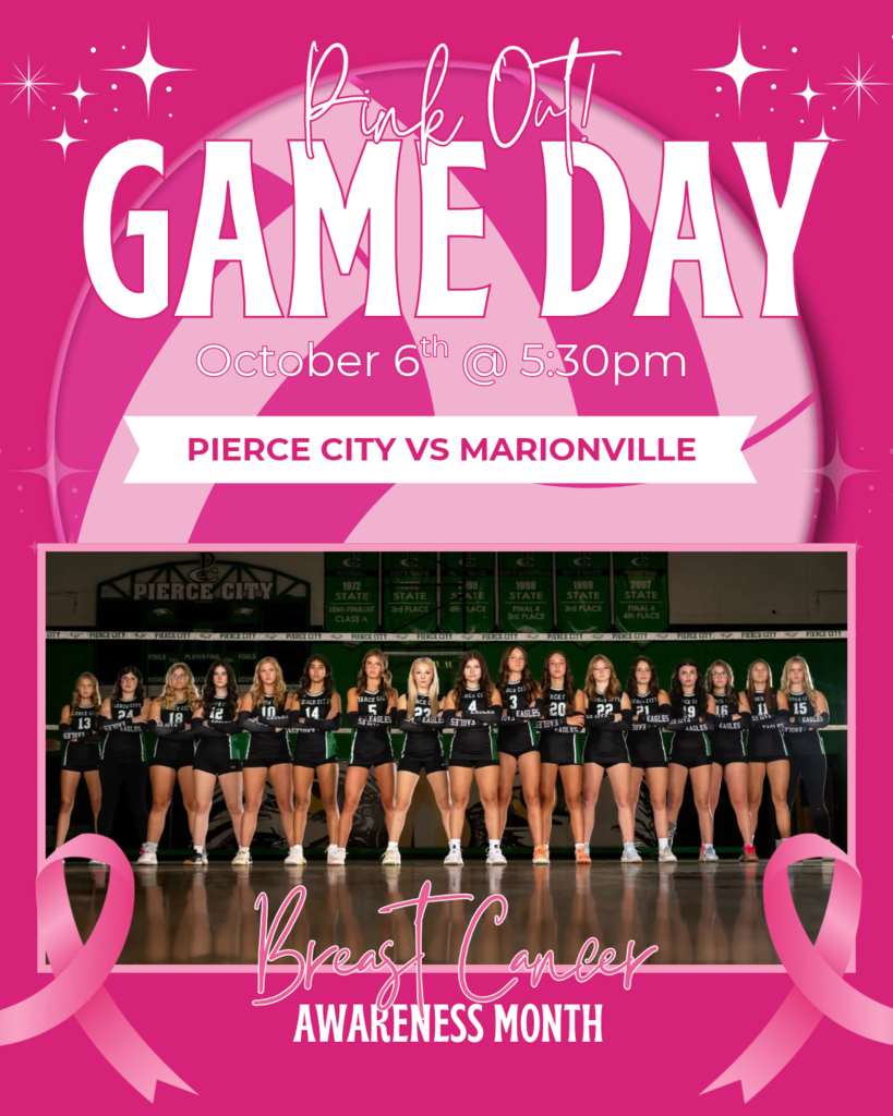 pink graphic with group picture of volleyball team