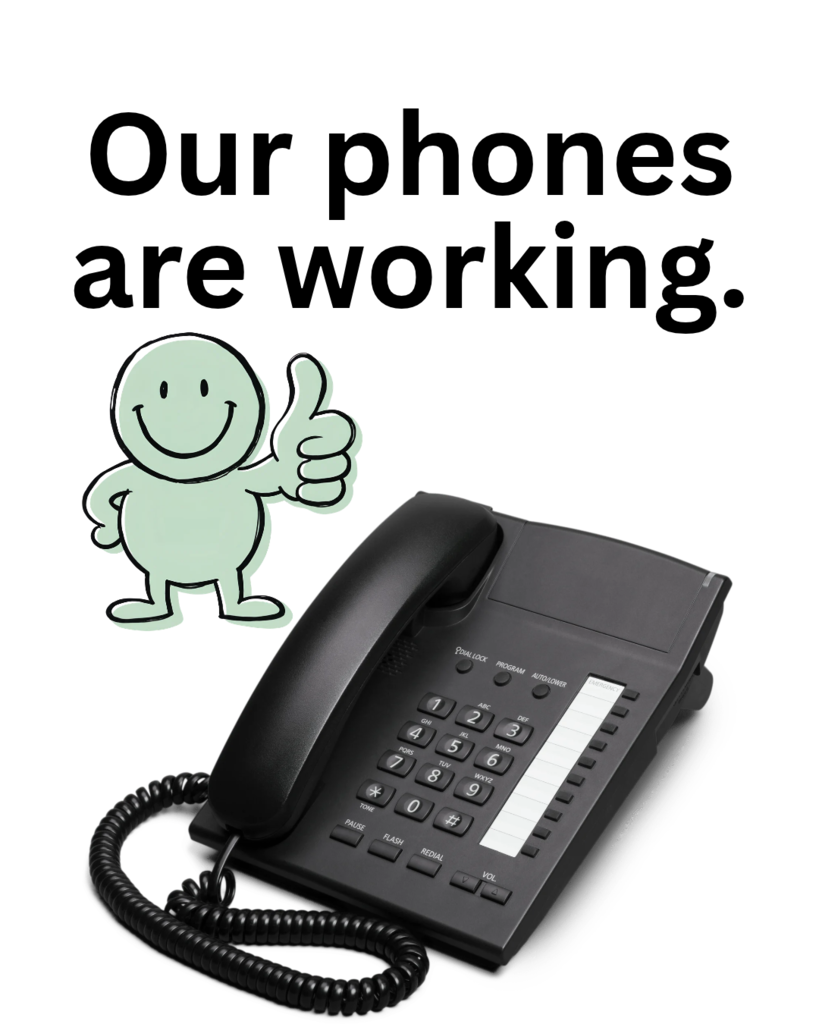 telephone and green character with thumbs up.