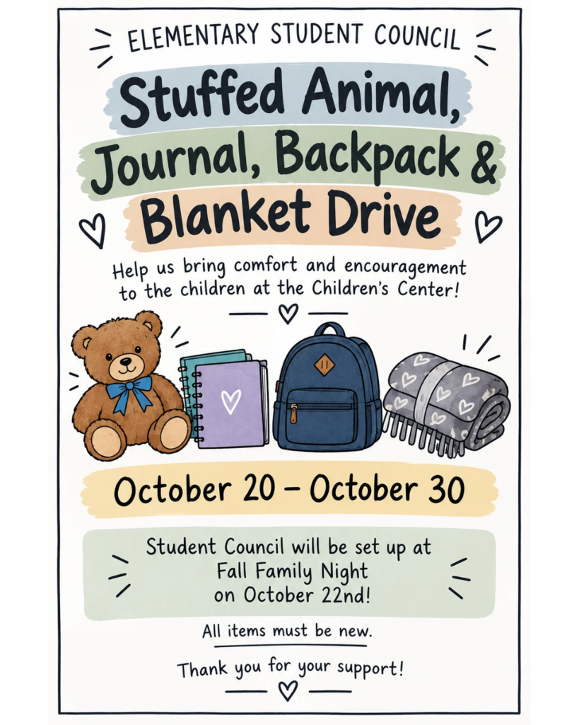 donation graphic with teddy bear, notebooks, backpack, and blanket
