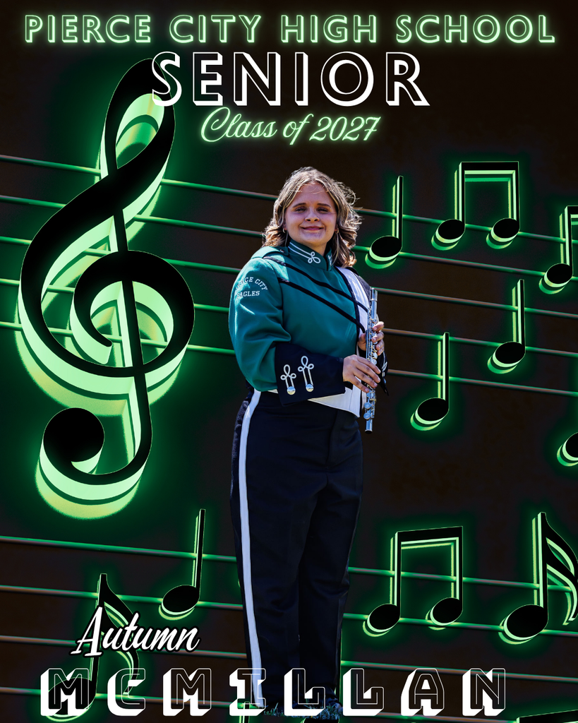female band member holding flute with music scales in back ground