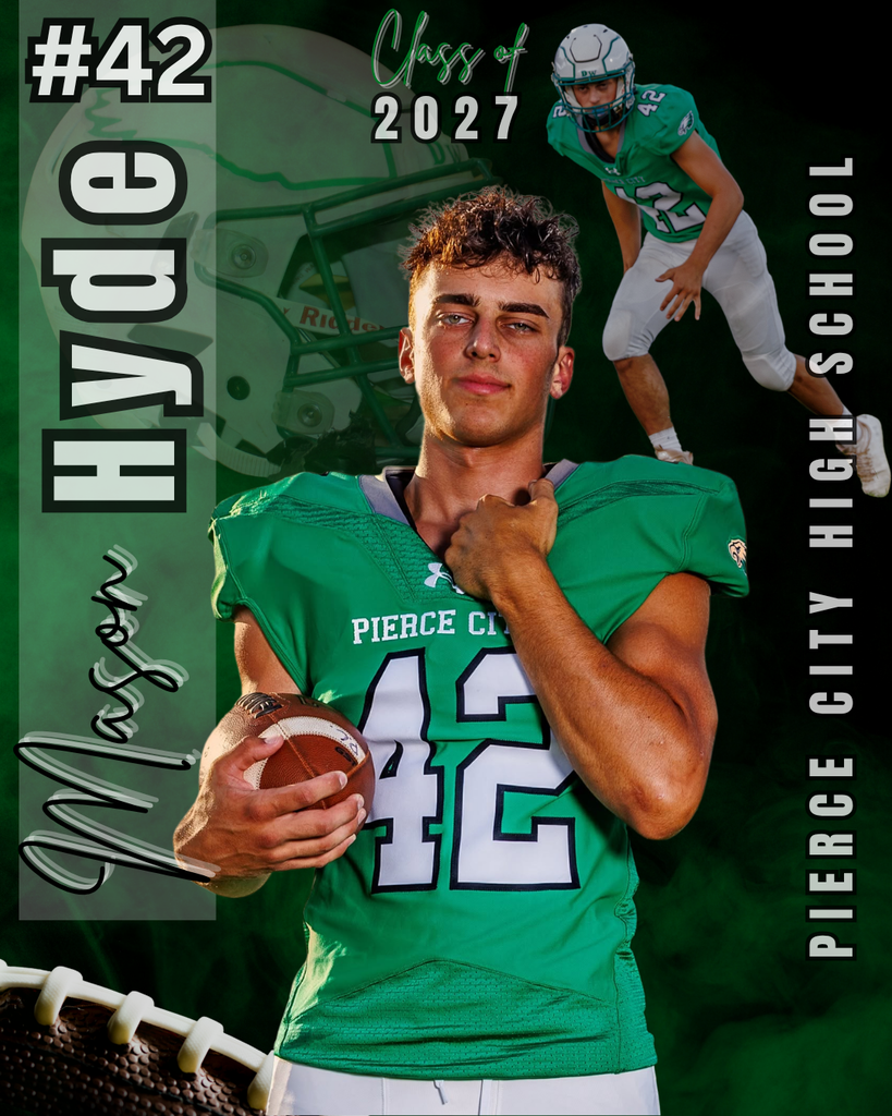 senior graphic with football helmet, small picture of football player, and larger picture of football player in the center