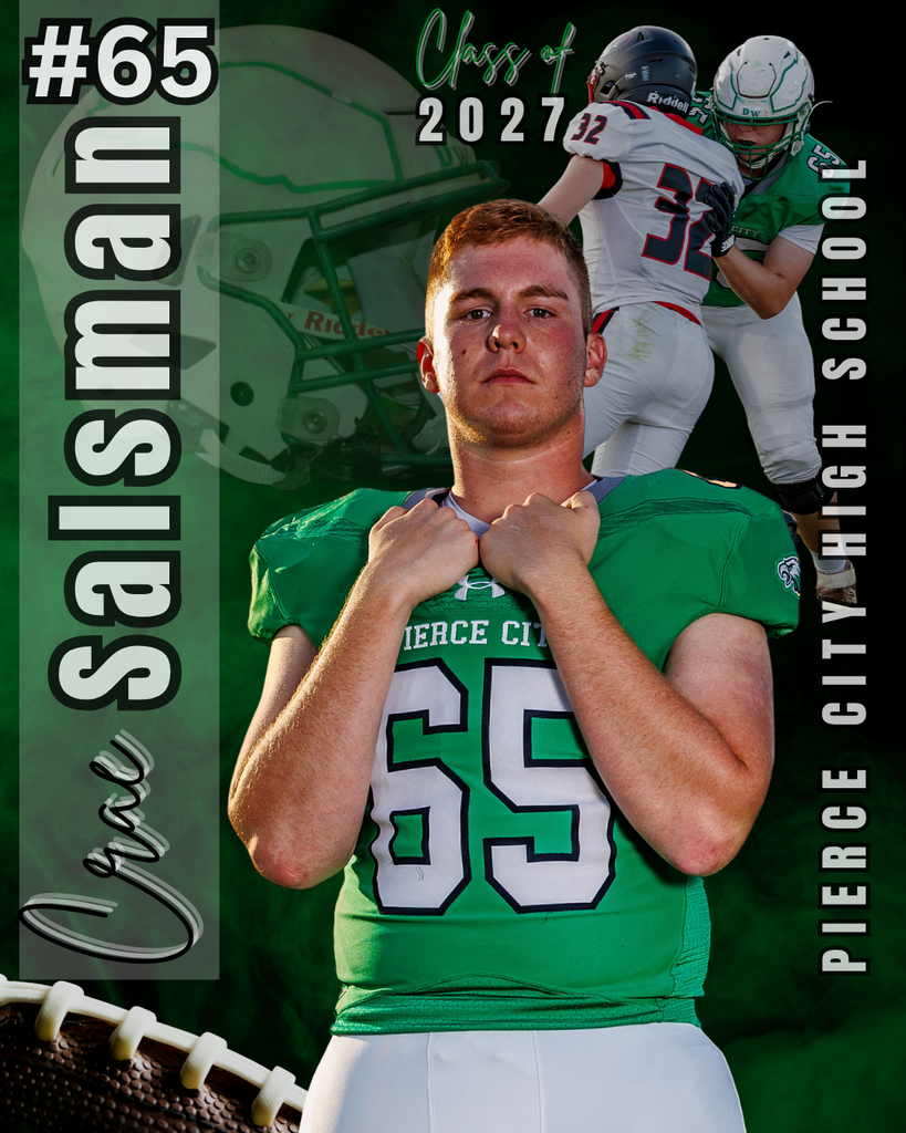 senior graphic with football helmet, small picture of football player, and larger picture of football player in the center