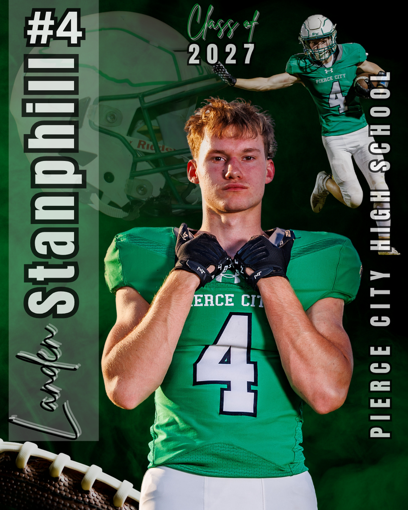senior graphic with football helmet, small picture of football player, and larger picture of football player in the center