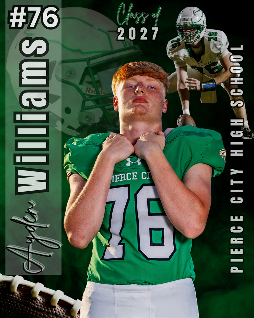 senior graphic with football helmet, small picture of football player, and larger picture of football player in the center