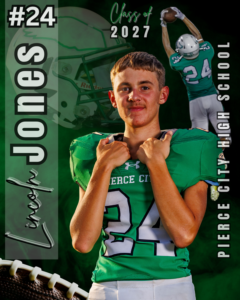 senior graphic with football helmet, small picture of football player, and larger picture of football player in the center