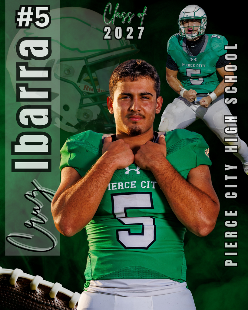 senior graphic with football helmet, small picture of football player, and larger picture of football player in the center