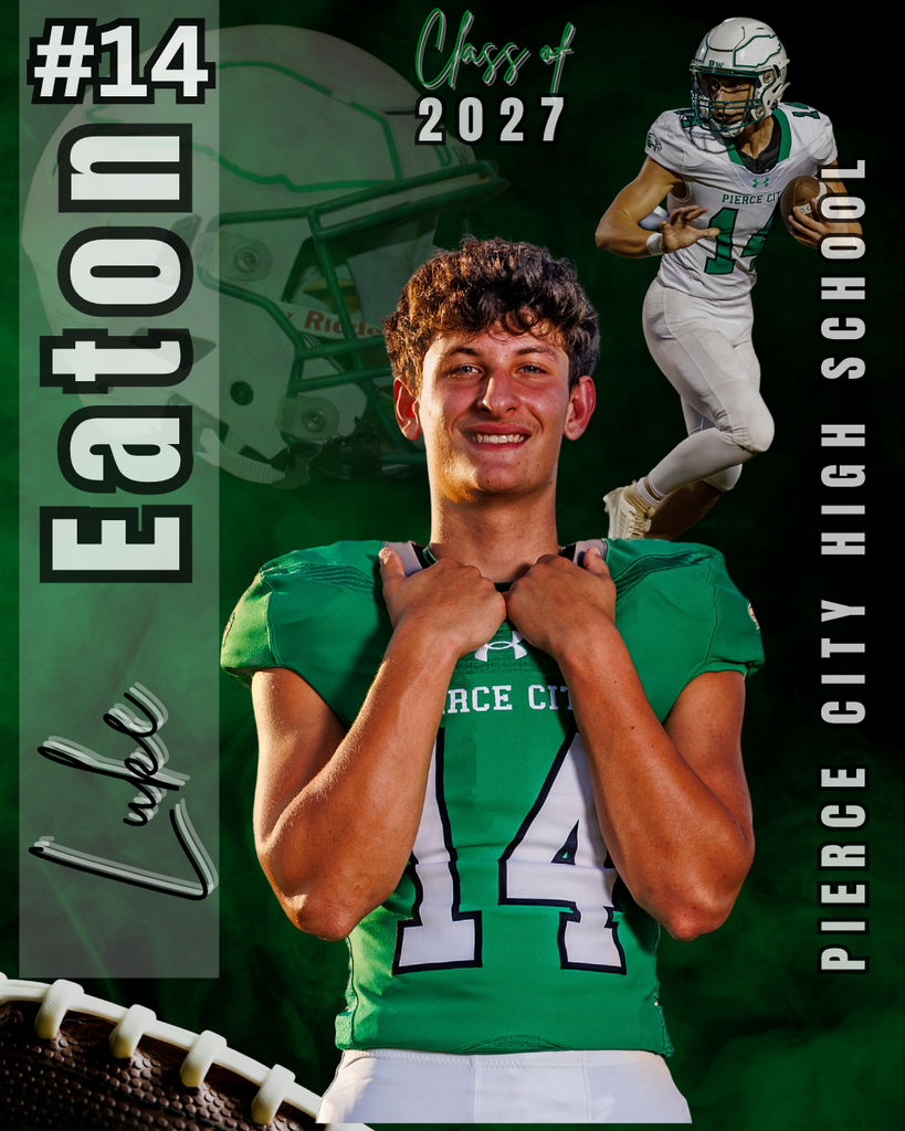 senior graphic with football helmet, small picture of football player, and larger picture of football player in the center