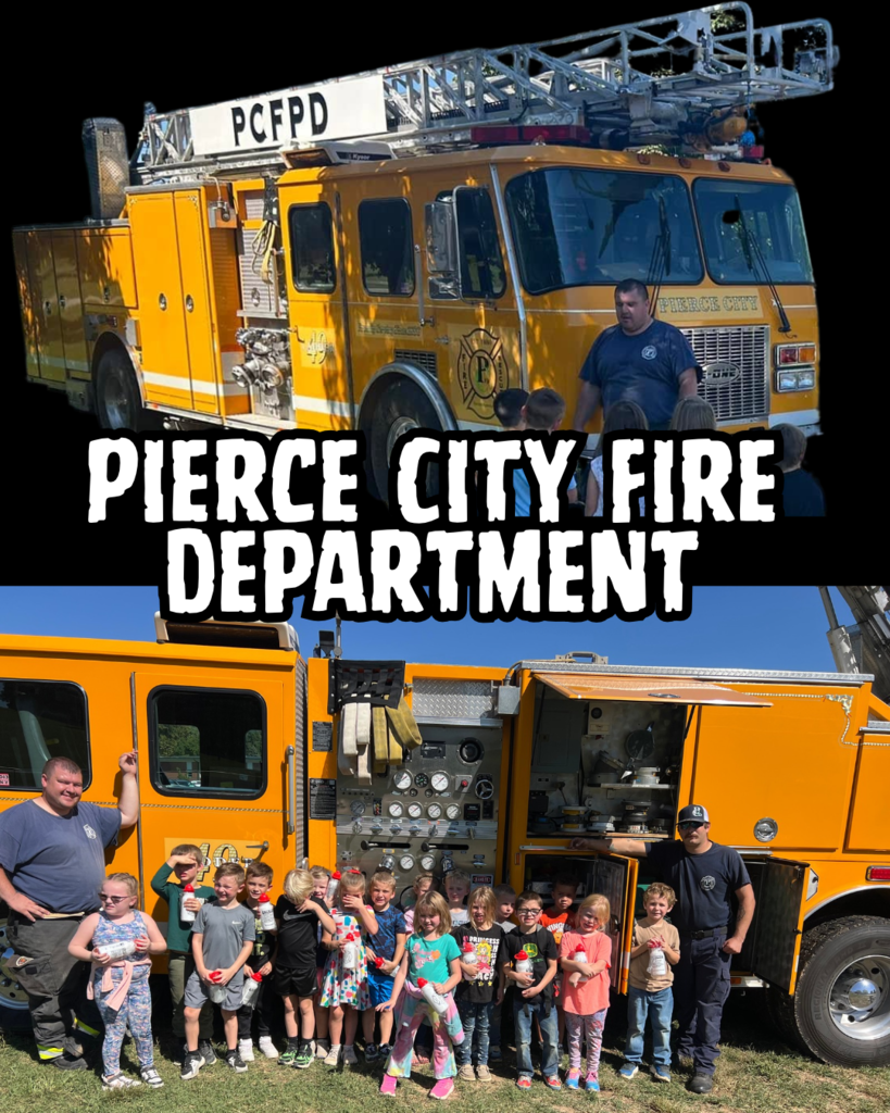 fire fighters in front of yellow fire trucks talking to group of children