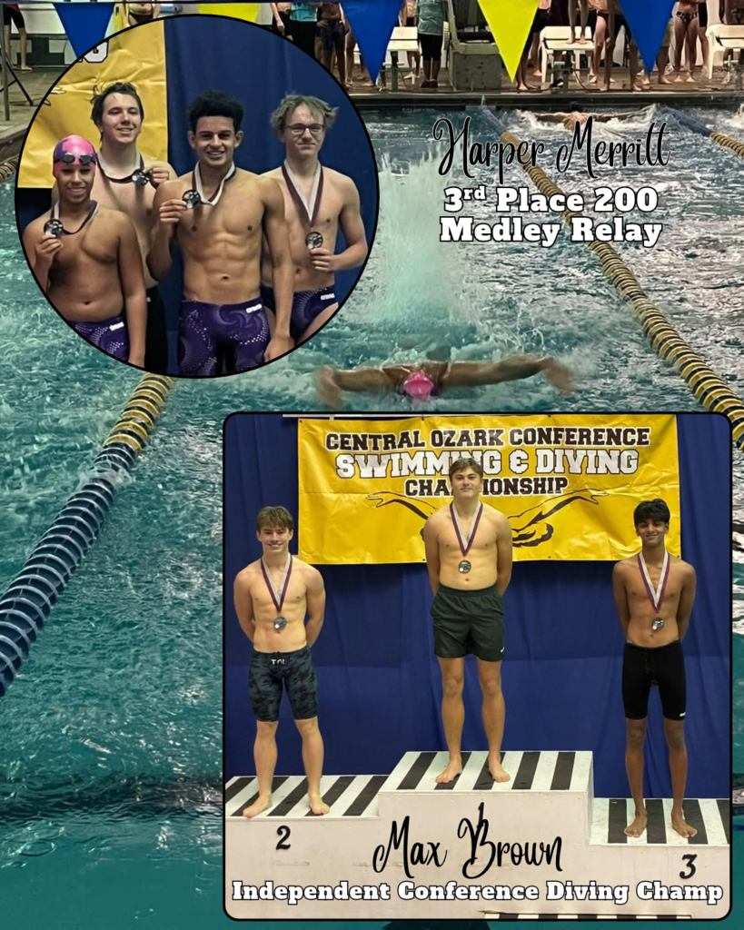 picture of swimmers holding their medals. 3 swimmers with medals standing on the winners blocks.