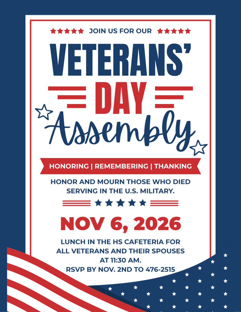 flyer with blue background and red, white, and blue words. partial image of red and white stripes and white stars