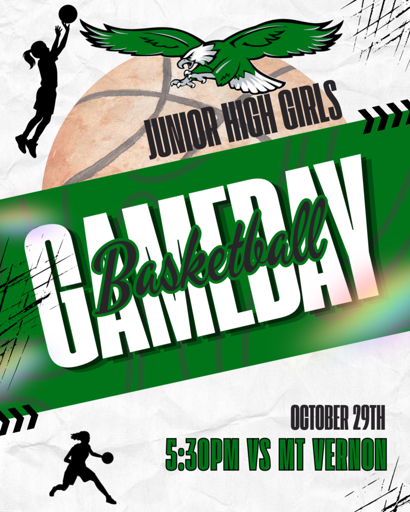 game day graphic with green flying eagle, large basketball, silhouette of girl basketball players