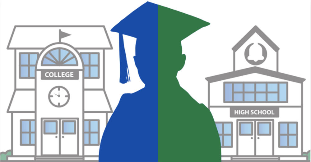 Graphic of graduate standing between a college and high school buildings