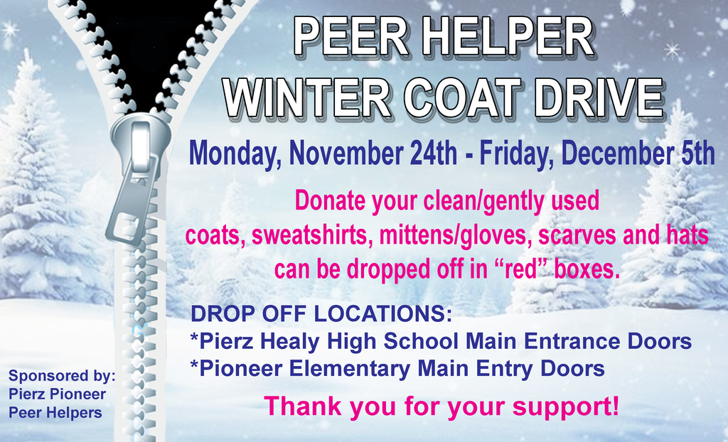 Peer Helper Coat Drive graphic and drop off locations directions to Pioneer and Healy 