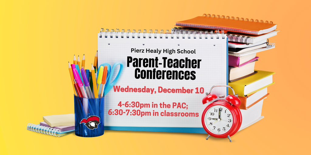 Parent teacher conferences graphic with notebooks, pens, and a clock
