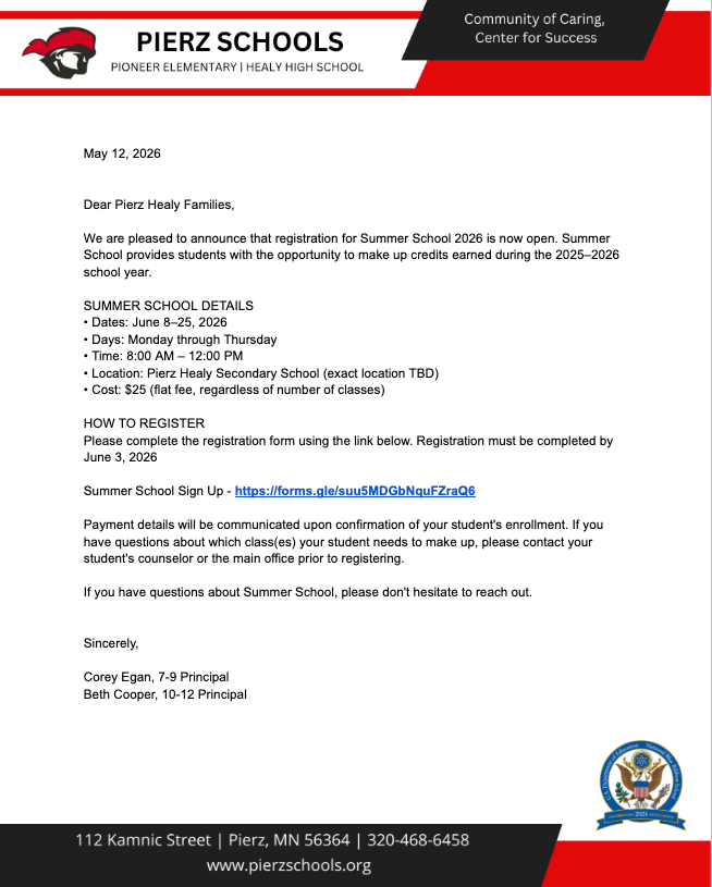 Summer School Letter, 2026
