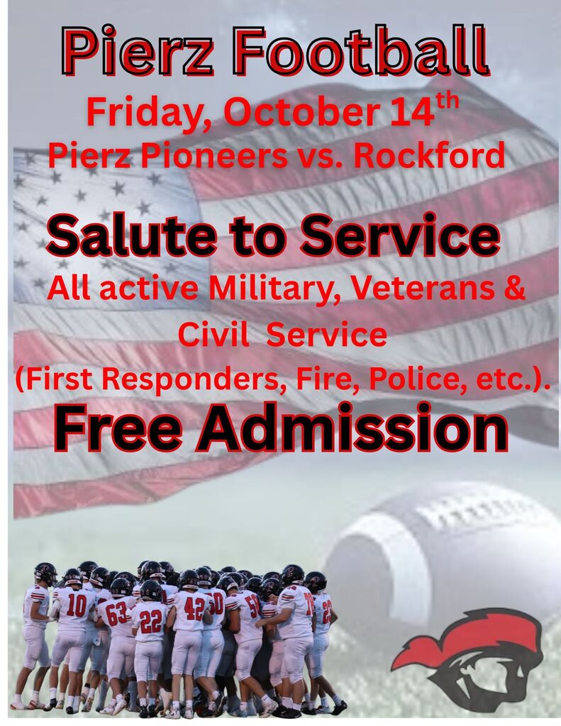 Salute to Service flyer advertising free admission, showing Pioneers logo, football, American flag, and a team photo of players.