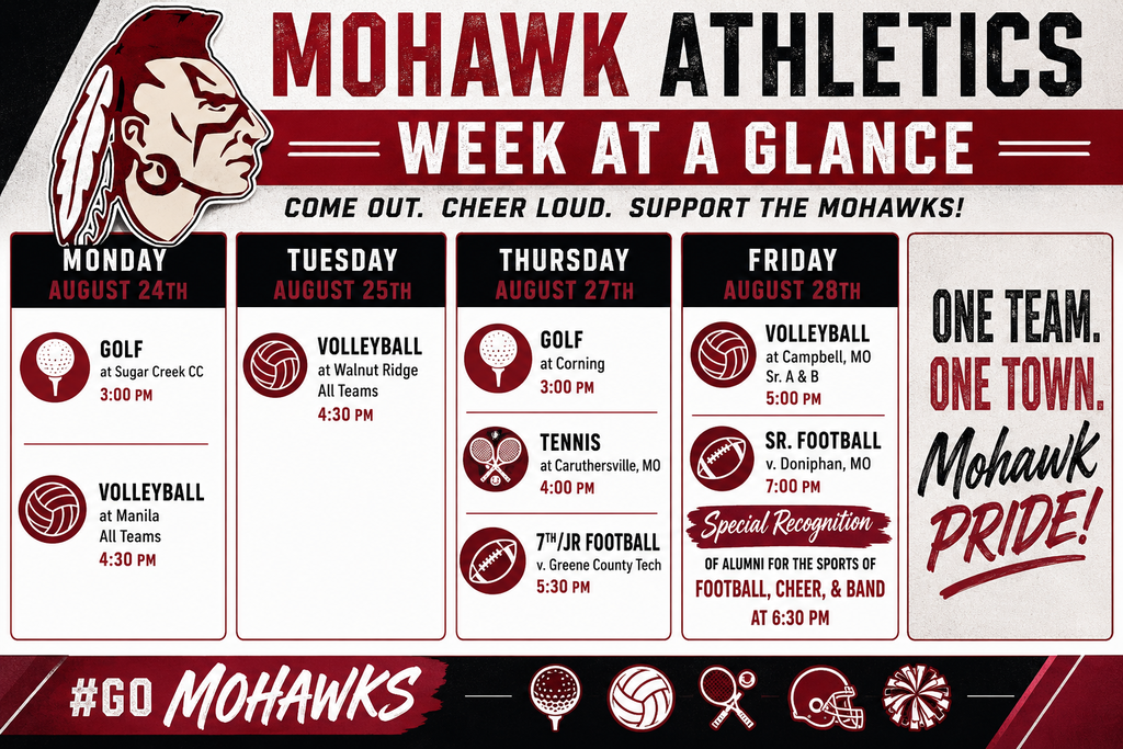 Mohawk Athletics Week at a Glance--August 24-28, 2026