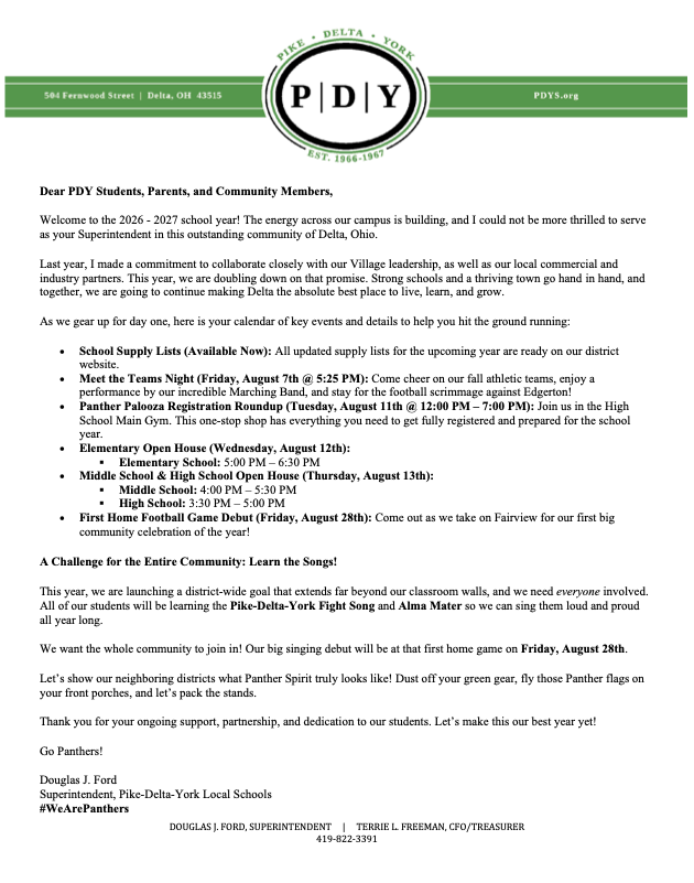 Superintendent Ford's Welcome Back Letter 2026-2027