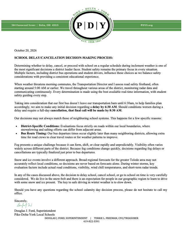 School delay and cancellation decision letter