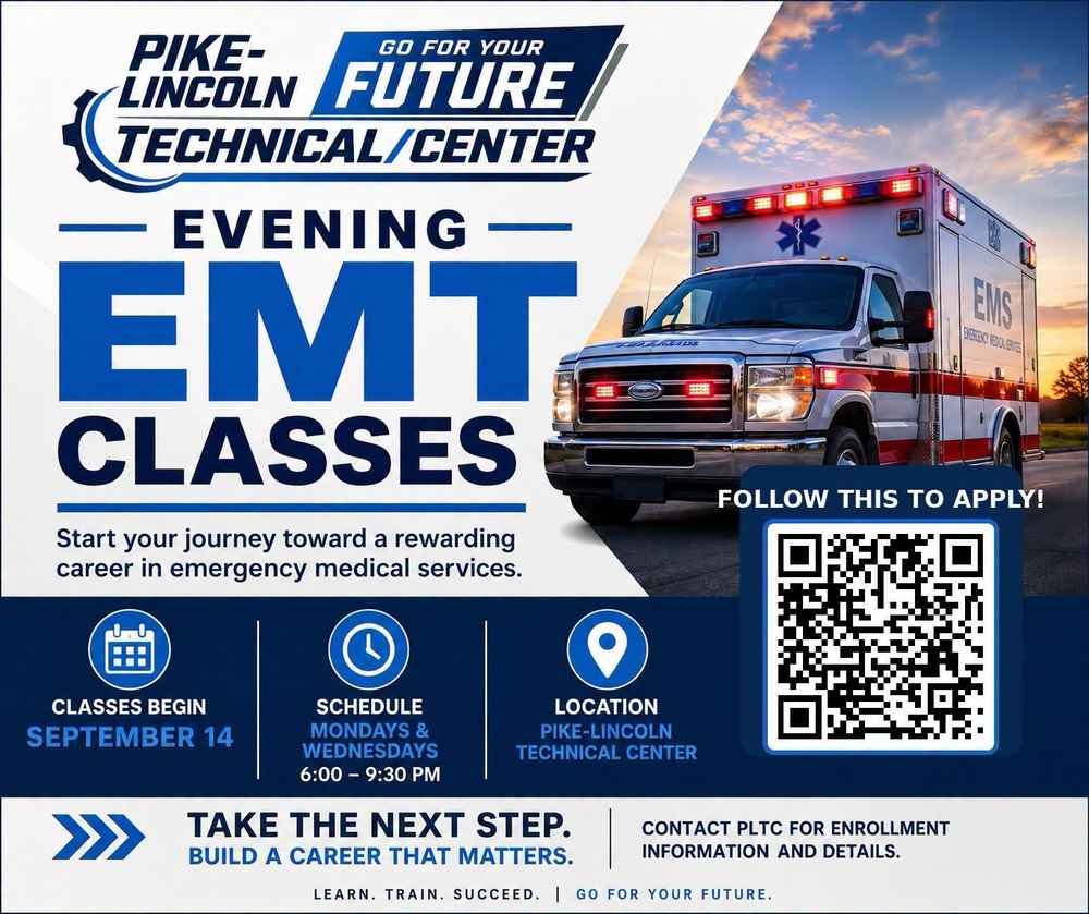 Evening EMT Classes flyer - Pike-Lincoln Technical Center, classes begin September 14