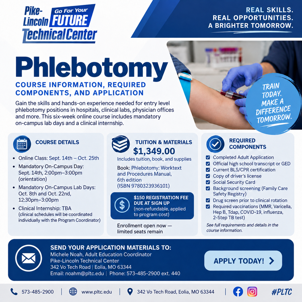 Phlebotomy Fall 2026 course information and enrollment flyer