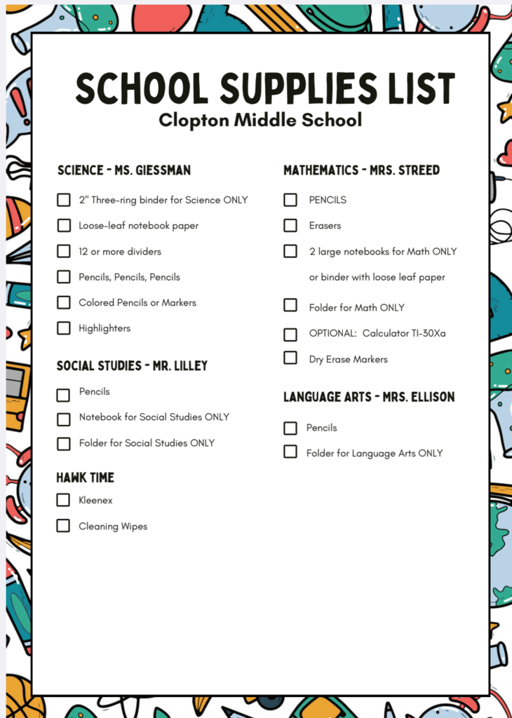 Middle School Supply List