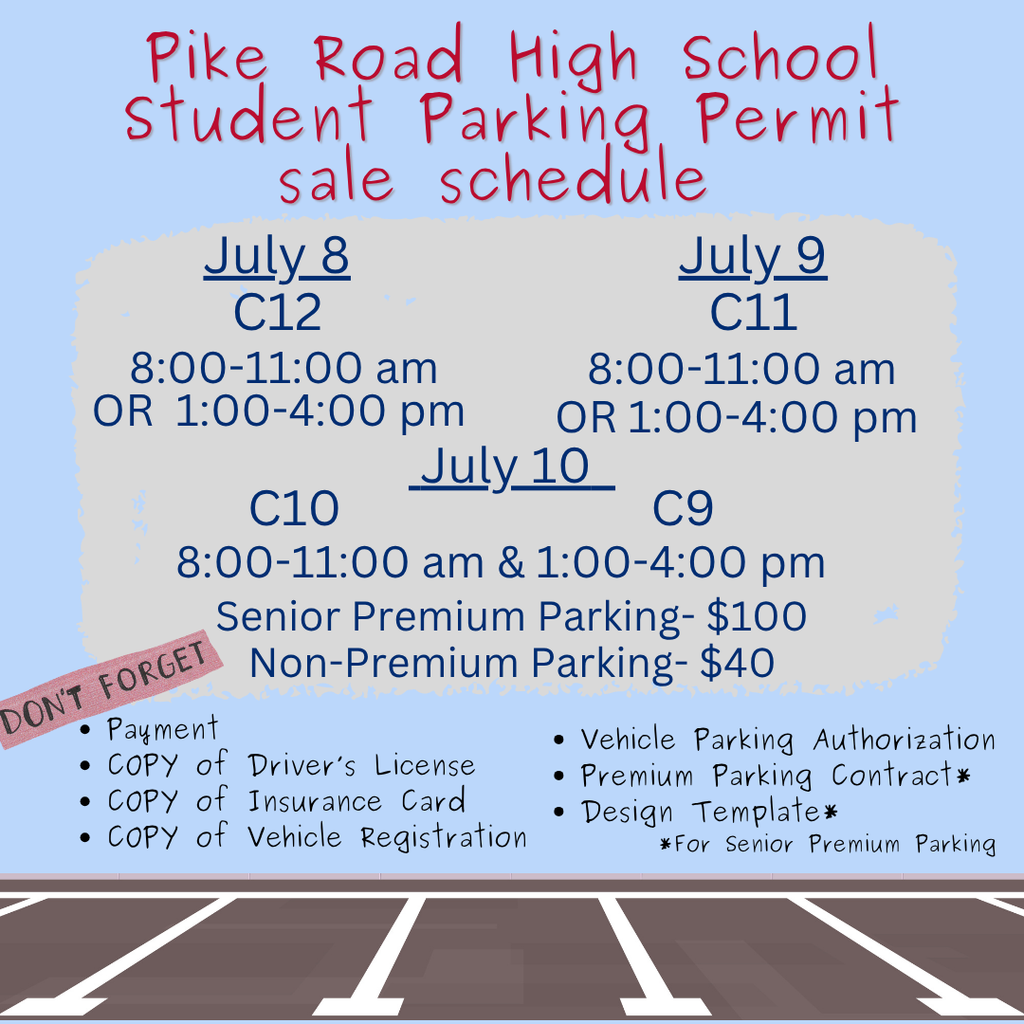 Student Parking Permit Schedule: For rising seniors: July 8 from 8-11 or 1-4; For rising juniors: July 9 from 8-11 or 1-4; For rising Sophomores: July 10 from 8-11 ; For rising Freshman: July 10 from 1-4. Don't forget your Payment, Copy of driver's license, insurance card, and vehicle registration, your parking authorization, PRS parking contract, Design template (for senior premium parking)
