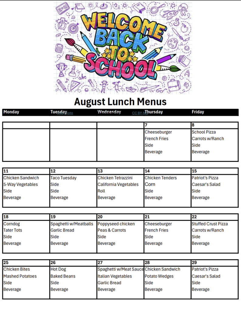August Lunch Menu