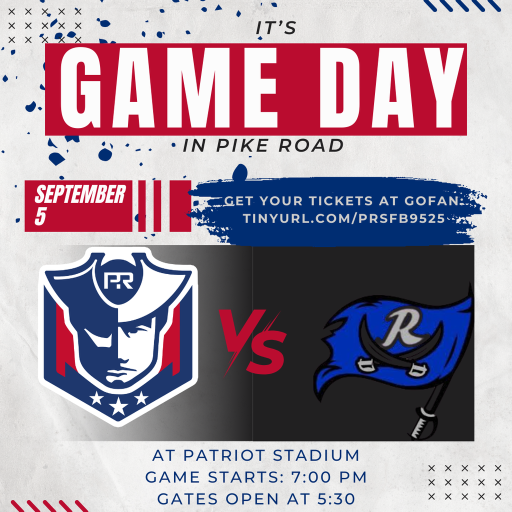 Game Day in Pike Road! Pike Road vs. Rehobeth at 7:00 pm. Gates open at 5:30