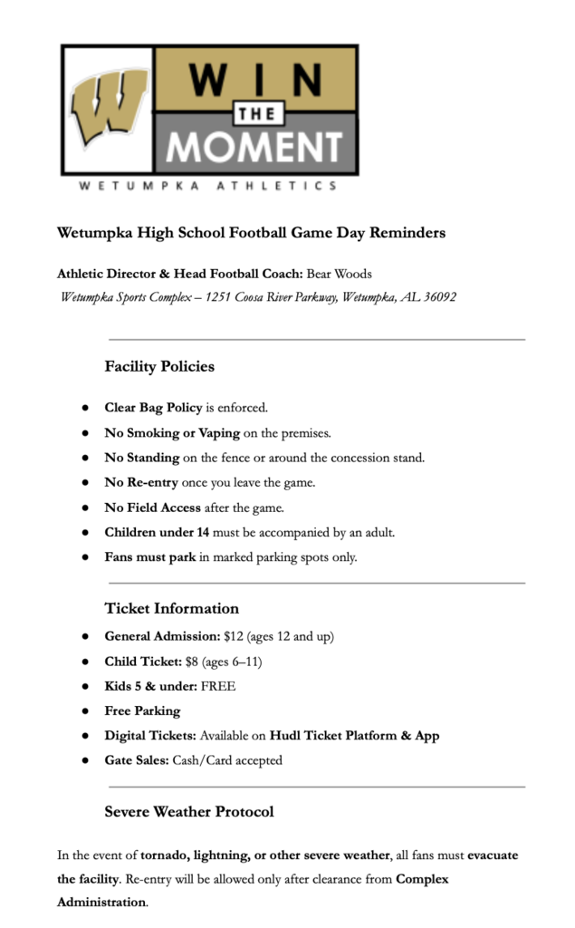 WHS Gameday Reminders