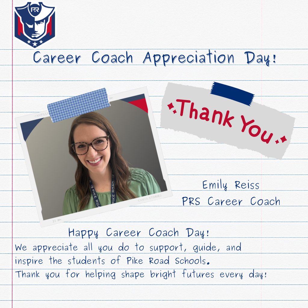 A professional and friendly portrait of Mrs. Emily Reiss, Career Coach at Pike Road Schools. She is smiling warmly at the camera, set against a clean, academic background