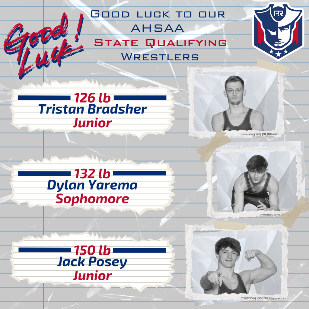  A Pike Road Schools wrestling graphic styled like a scrapbook on lined paper. It features three wrestlers: Tristan Bradsher (126 lb, Junior), Dylan Yarema (132 lb, Sophomore), and Jack Posey (150 lb, Junior). Each athlete has a photo next to their name and stats.