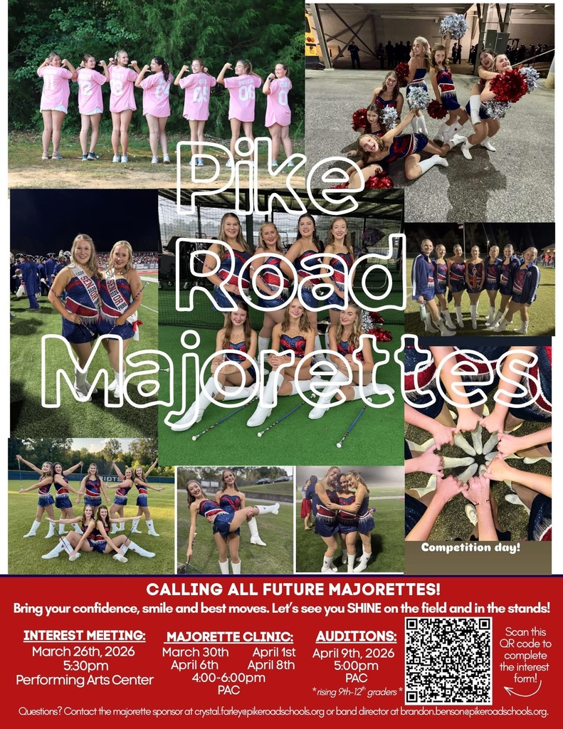 Based on the graphic in your Thrillshare editor, here is the recommended alt text:  Alt Text: "A promotional graphic for Pike Road Majorettes featuring a collage of majorettes performing and posing. The text highlights an interest meeting on March 26th, 2026, at 5:30 PM at the Performing Arts Center. It also lists Majorette Clinic dates for March 30, April 1, 6, and 8, and Auditions on April 9th at 5:00 PM at the PAC. A QR code is included to scan for the interest form.