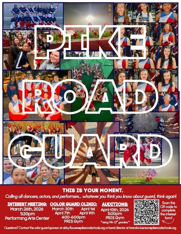 Based on the graphic in your Thrillshare editor, here is the recommended alt text:  Alt Text: "Promotional graphic for Pike Road Schools Color Guard titled 'ROAD GUARD: THIS IS YOUR MOMENT.' The graphic features a collage of students in uniform performing with flags. Below the images, text invites dancers, actors, and performers to join. Key event details include an Interest Meeting on March 26th, 2026, at 5:30 PM in the Performing Arts Center; Color Guard Clinics on March 30th, April 1st, April 7th, and April 9th from 4:00-6:00 PM in the PRIS Gym; and Auditions on April 10th, 2026, at 5:00 PM in the PRIS Gym for rising 9th-12th graders. A QR code is provided to scan for the interest form, along with contact emails for the color guard sponsor and band director