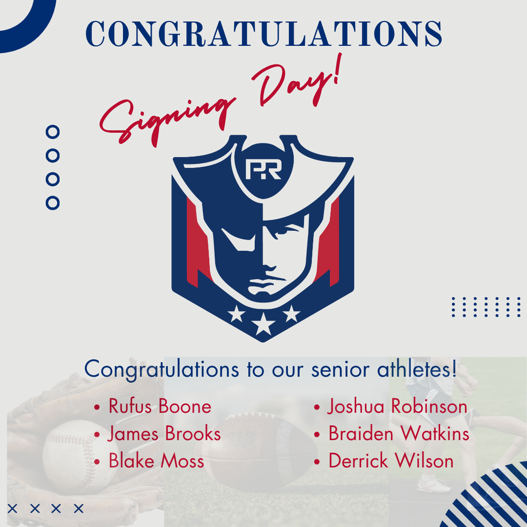 It looks like you've moved on to a new graphic for the senior athletes! Since the interface you're using (Thrillshare) requires Alt Text for accessibility, here is a descriptive version for this specific image:  Recommended Alt Text Graphic with a "Pike Road Patriots" logo at the top center featuring a patriot mascot in navy blue and red. Below the logo, the text reads "Congratulations to our senior athletes!" followed by a list of names: Rufus Boone, James Brooks, Blake Moss, Joshua Robinson, Braiden Watkins, and Derrick Wilson. The background includes a faint image of a baseball and blue diagonal stripes in the corner.