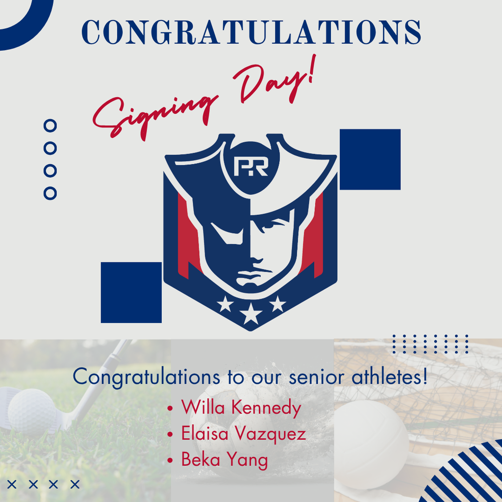 Graphic with a "Pike Road Patriots" logo at the top center featuring a patriot mascot in navy blue and red. Below the logo, the text reads "Congratulations to our senior athletes!" followed by a list of names: Willa Kennedy, Elaisa Vazquez, and Beka Yang. The background includes a faint image of a golf club, soccer ball, a volleyball net, and blue diagonal stripes in the corner.
