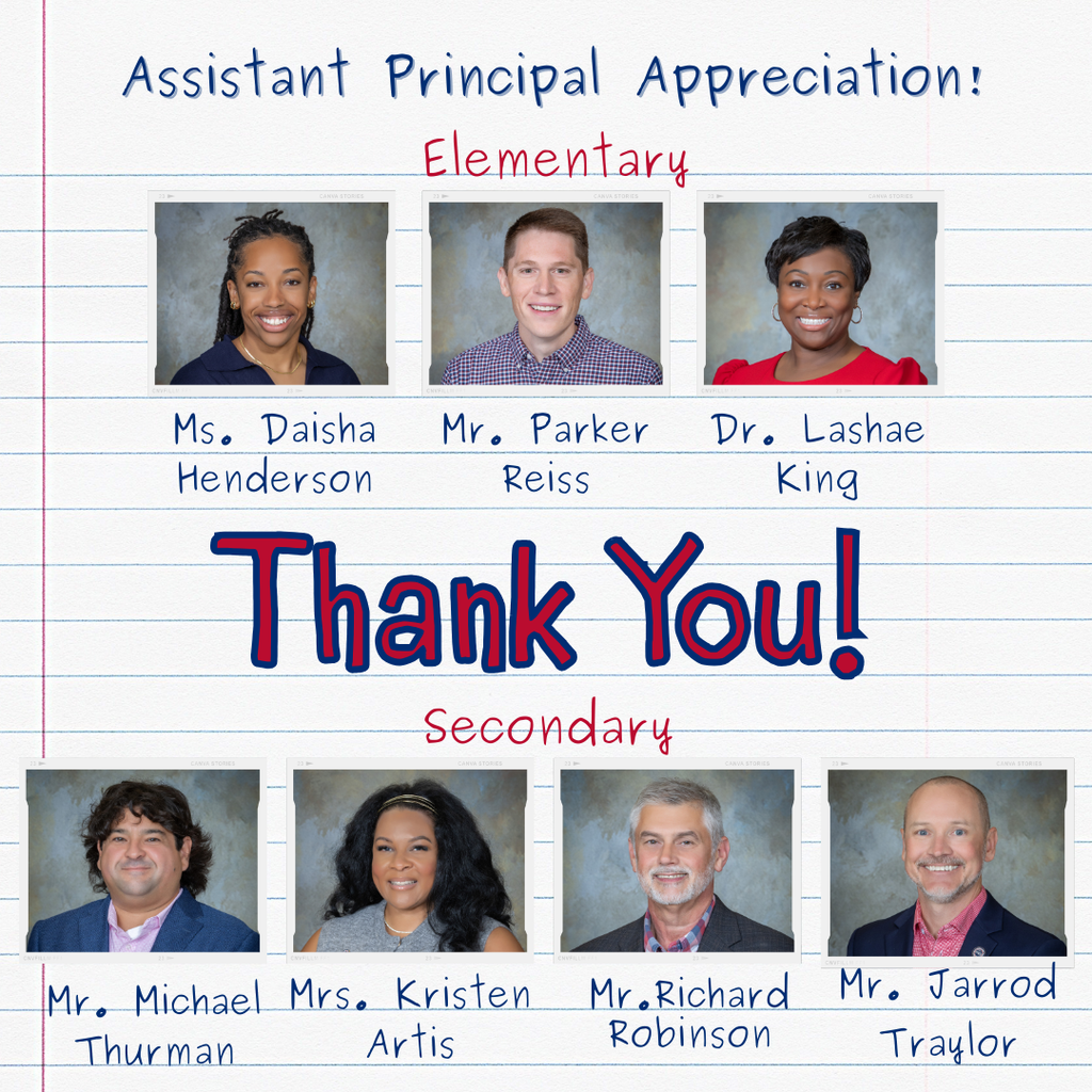 A "Thank You" graphic on a lined paper background for Assistant Principal Appreciation Week. The image features headshots and names of seven Pike Road Secondary assistant principals: Ms. Daisha Henderson, Mr. Parker Reiss, Dr. Lashae King, Mr. Michael Hann, Mrs. Kristen Artis, Mr. Richard Robinson, and Mr. Jarrod Traylor.