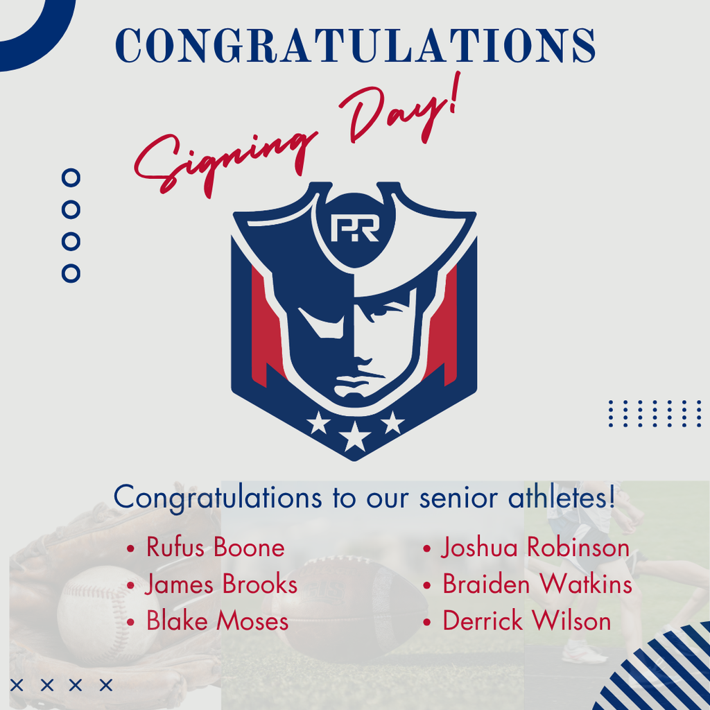 Graphic with a "Pike Road Patriots" logo at the top center featuring a patriot mascot in navy blue and red. Below the logo, the text reads "Congratulations to our senior athletes!" followed by a list of names: Rufus Boone, James Brooks, Blake Moss, Joshua Robinson, Braiden Watkins, and Derrick Wilson. The background includes a faint image of a baseball and blue diagonal stripes in the corner.
