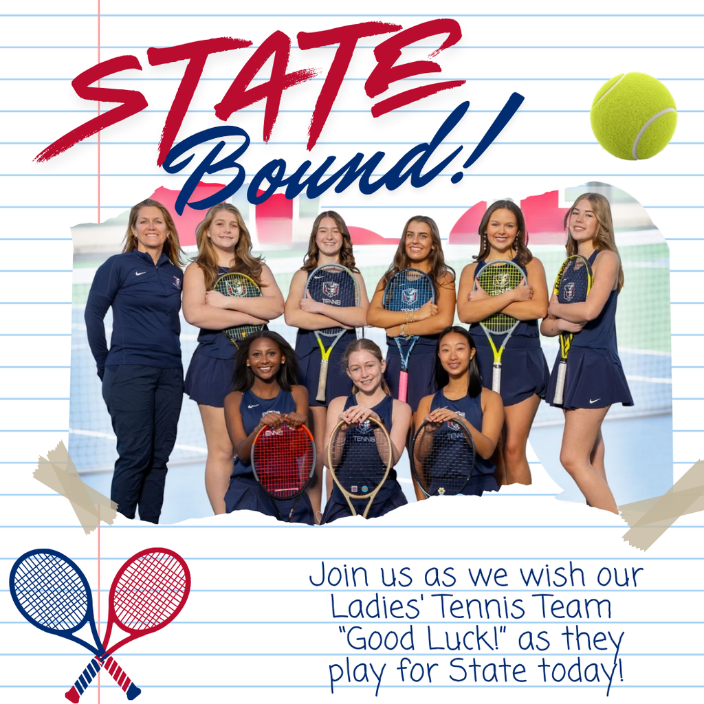  Good luck Ladies Tennis: A celebratory sports graphic for the Pike Road High School Ladies Tennis team. The design features a team photo of the players standing together on the tennis courts. Bold text at the top reads "STATE BOUND" with the Pike Road Patriots logo. The bottom of the graphic includes the text "Good Luck at the State Tournament!" and lists the team roster.