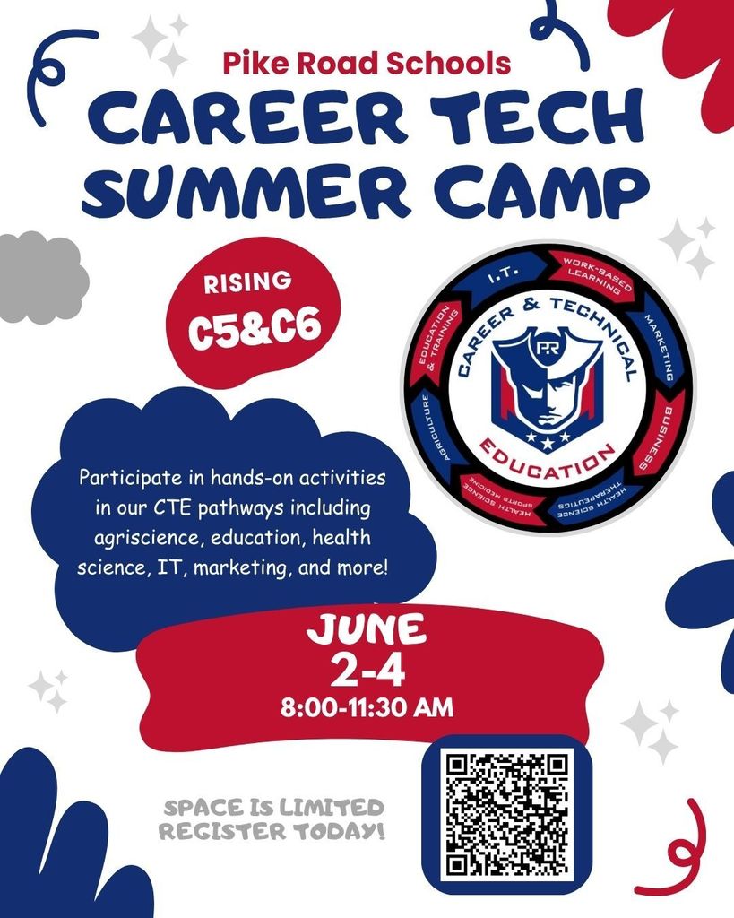 PRS CTE Summer Camp for rising 5th & 6th graders.  Participate in hands-on activities in our CTE pathways including agriscience, education, health science, IT, marketing, and more! June 2-4 8:00- 11:30. Space is limited register today! https://forms.gle/k58uYSLJ7DenPiQp8 