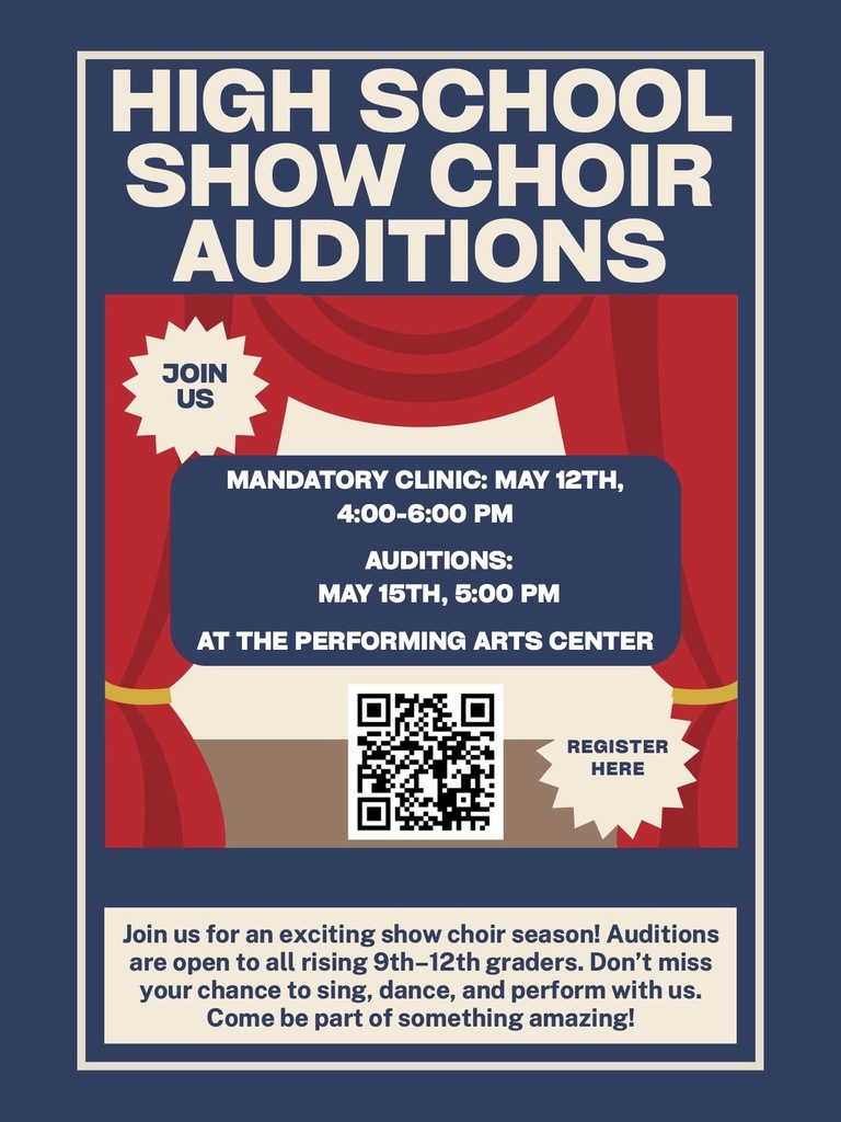 Based on the graphic for the Pike Road Schools show choir auditions, here is a clear and descriptive alt text you can use:  Alt Text: > "Promotional graphic for show choir auditions featuring a theater stage with red curtains. The text announces auditions for rising 9th-12th graders on May 15th at 5:00 PM at the Performing Arts Center. A QR code is provided for registration next to a burst graphic that says 'Register Here.' The bottom section encourages students to sing, dance, and perform for an exciting upcoming season.  https://docs.google.com/forms/d/e/1FAIpQLSf38y6iCFqoGZg2g5gBe22t5meeHqM61CxMi-QUFM4imzsK0g/viewform