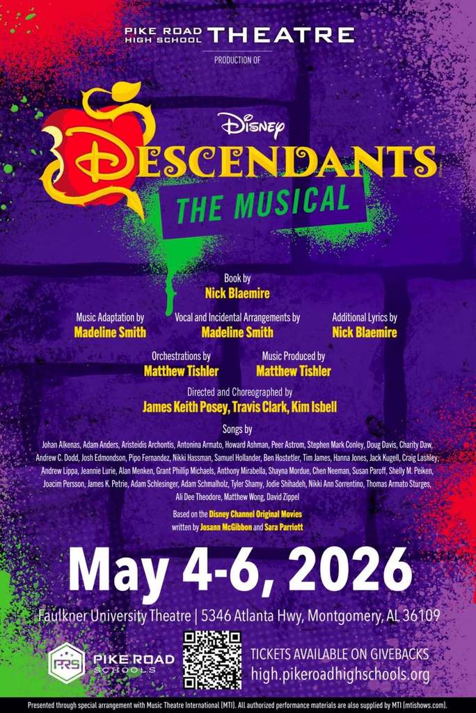 Promotional graphic for the Pike Road High School Theatre production of Disney’s Descendants. The top half features a vibrant purple and green smoky background with production credits. The center prominently displays the dates 'May 4-6, 2026' in large white text. Below, it lists the location as Faulkner University Theatre at 5346 Atlanta Hwy, Montgomery, AL. The bottom section includes the Pike Road Schools logo, a QR code for tickets, and text stating tickets are available on Givebacks.