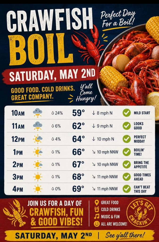 Crawfish boil advertisement showing great weather for Saturday, May 2. 