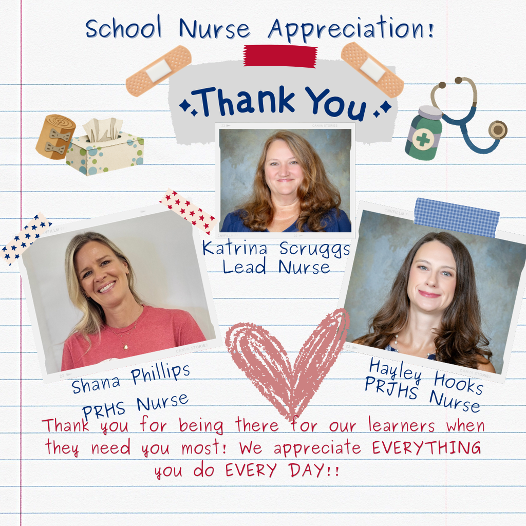 Digital scrapbook-style graphic on lined paper featuring photos of Katrina Scruggs (Lead Nurse), Shana Phillips (GW Nurse) and Hayley Hooks (GW Nurse) with a hand-drawn red heart between them. Handwritten text below reads: "Thank you for being there for our learners when they need you most! We appreciate EVERYTHING you do EVERY DAY!!" The image is decorated with blue washi tape and star illustrations.